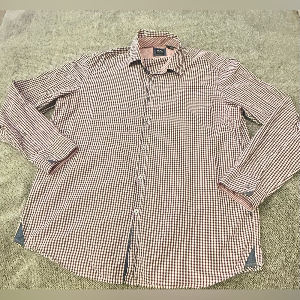 Boss Hugo Boss maroon and white checkered button front long sleeve shirt.